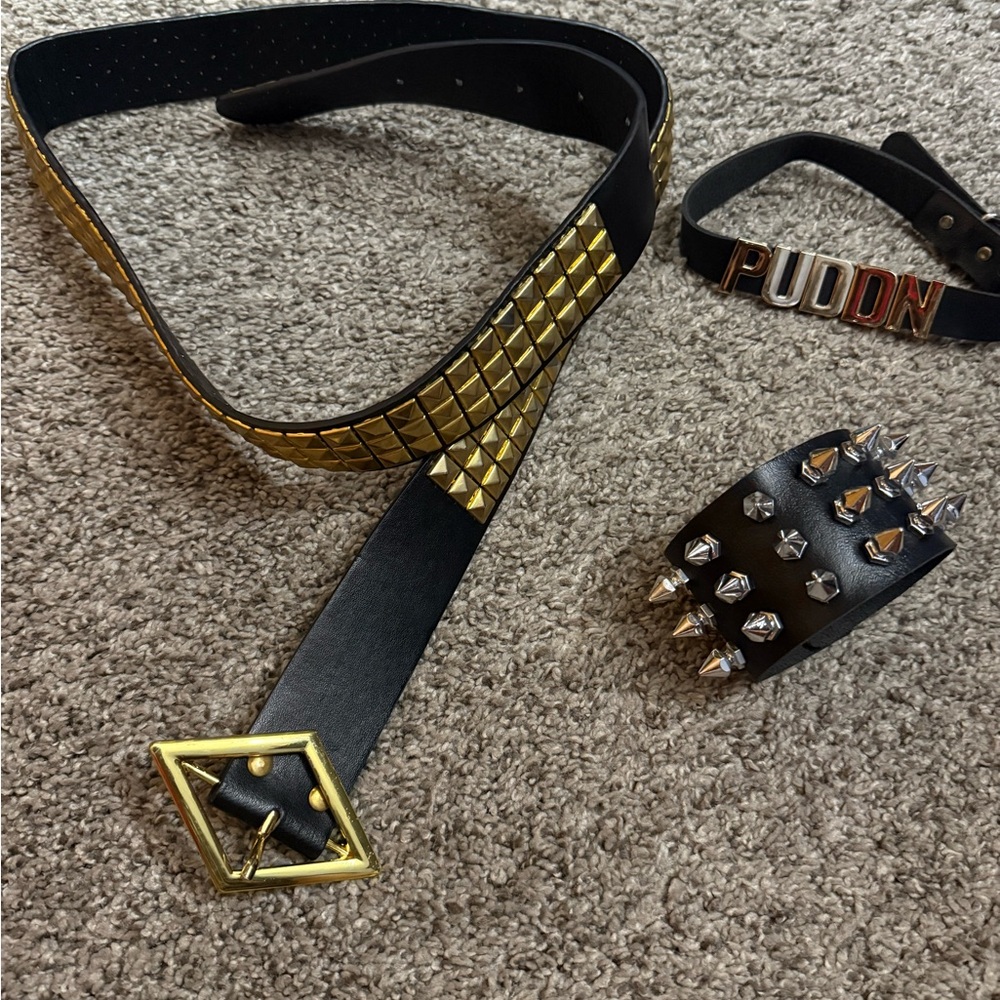 Harley Quinn Studded Black Belt, Bracelet, Choker, and bat